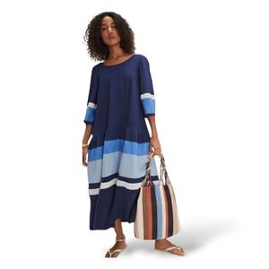 Free People Free-Est Manda Blue Midi Dress Linen Blend Sz S